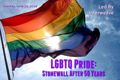 Pride flag waving in the breeze with blue skies behind. Text "LBGTQ Pride: Stonewall After 50 Years"