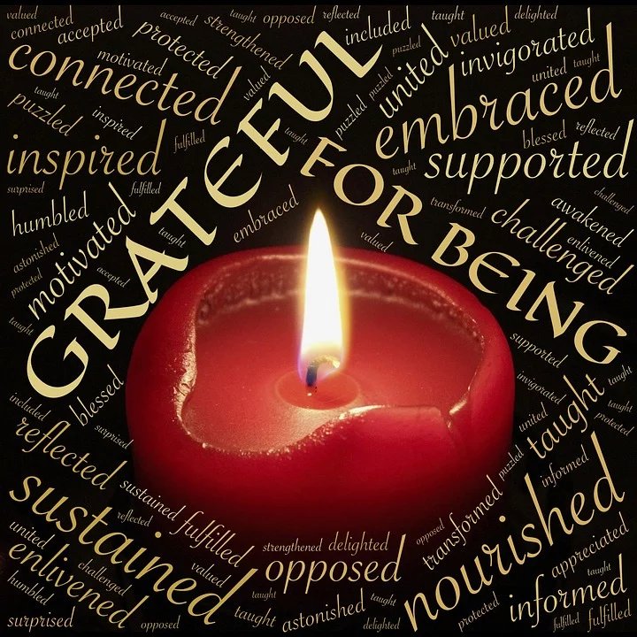 image of candle with words "Grateful for Being"
